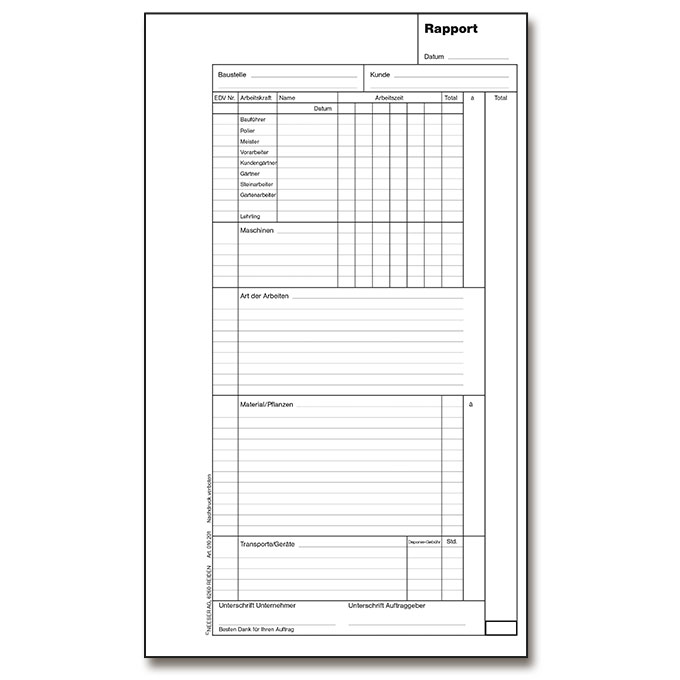 Arbeitsrapportblock 297 x 160 mm