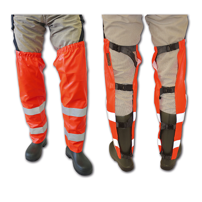 Beinlinge in oranger Warnfarbe mit Leuchtstreifen